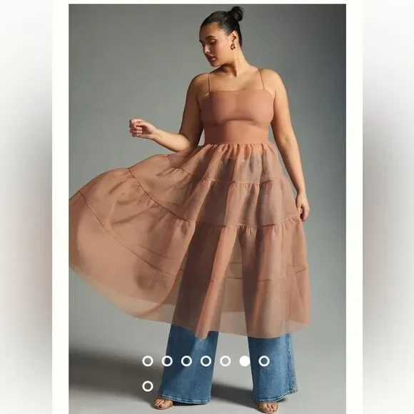 Anthropologie X OhSevenDays Tiered Sheer Midi Dress Size Large color blush - Picture 2 of 11